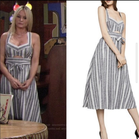 NWOT BCBG MaxAzria Cut-out Linen Halter Midi Dress - XS / 2 Striped Sundress Tea - Picture 2 of 12